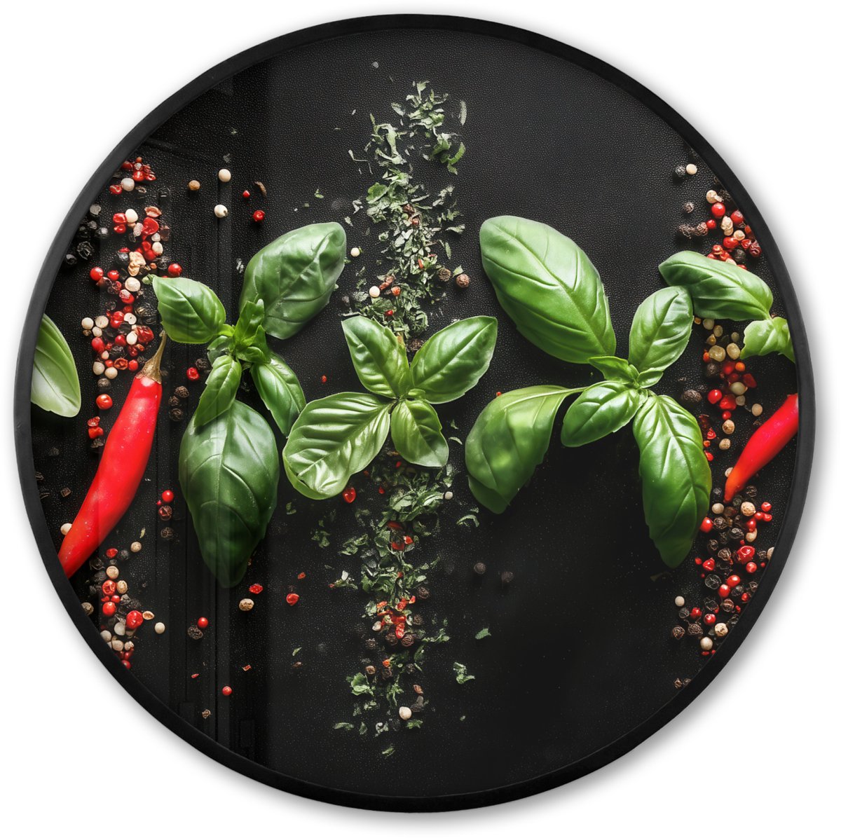 FrameYourWall Poster in lijst Rond - Fotolijst 80x80 cm - Posters - Chilipepers - Basilicum - Blaadjes - Rood - Ronde posterlijst zwart - Decoratie - Wanddecoratie woonkamer - Muurdecoratie slaapkamer Chilipepers - Blaadjes