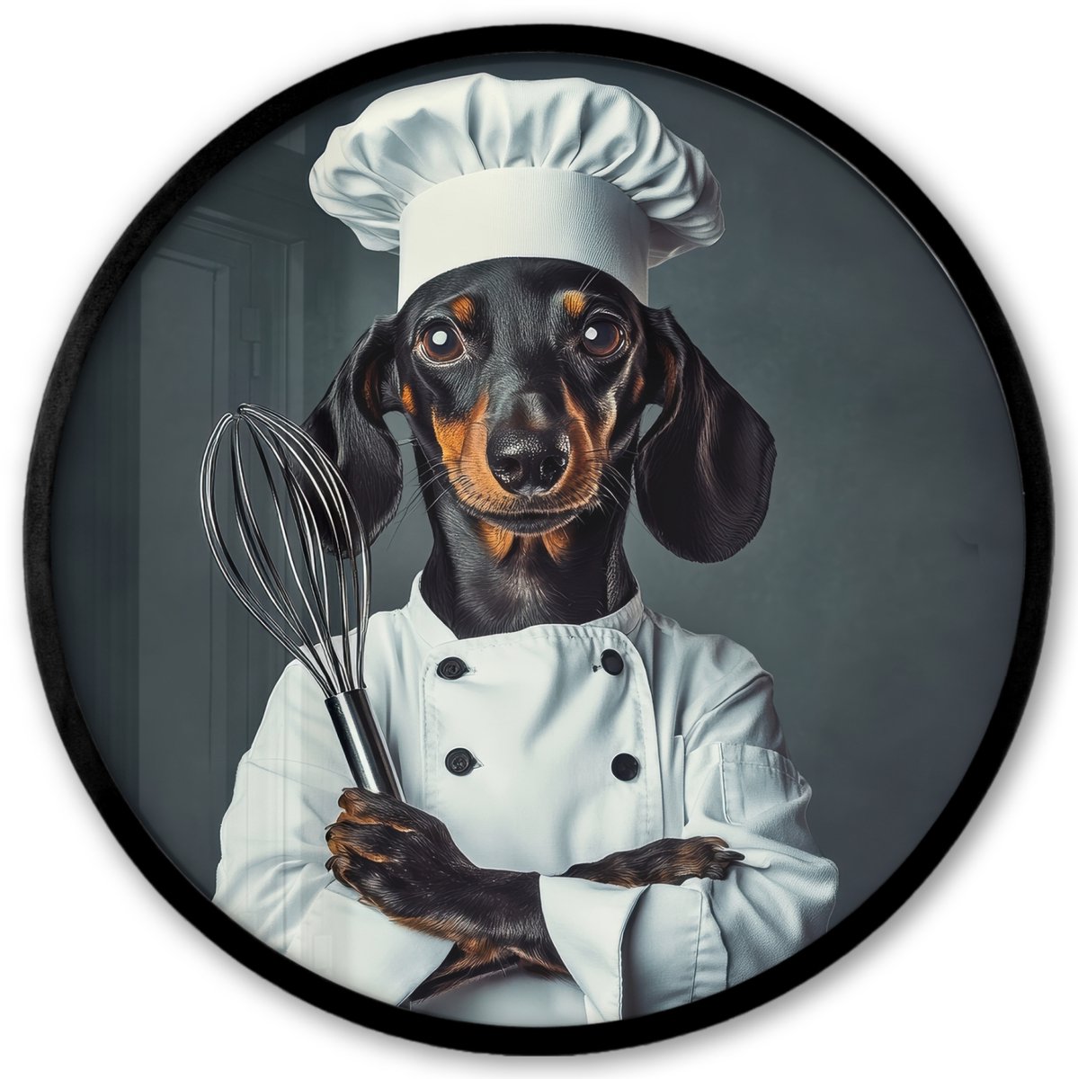 FrameYourWall Poster in lijst Rond - Fotolijst 40x40 cm - Posters - Hond - Garde - Kok - Ronde posterlijst zwart - Decoratie - Wanddecoratie woonkamer - Muurdecoratie slaapkamer Hond - Kokskleding