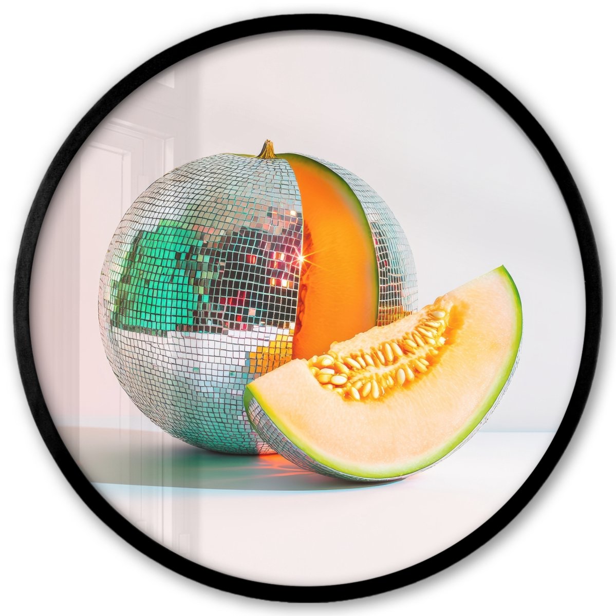 FrameYourWall Poster in lijst Rond - Fotolijst 40x40 cm - Posters - Disco - Discobal - Meloen - Pastel - Ronde posterlijst zwart - Decoratie - Wanddecoratie woonkamer - Muurdecoratie slaapkamer Disco - Meloen
