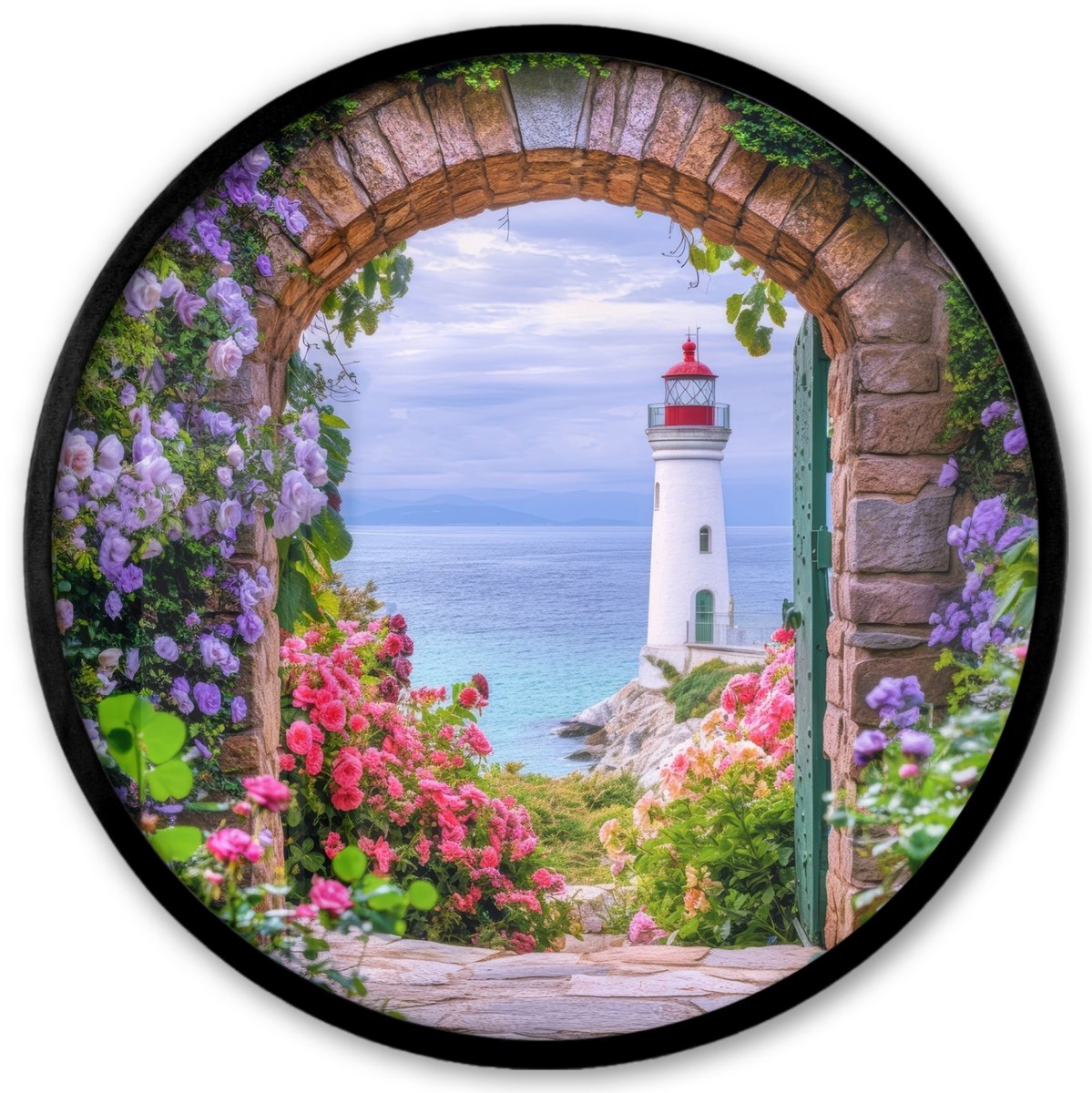 FrameYourWall Poster in lijst Rond - Fotolijst 40x40 cm - Posters - Doorkijk - Vuurtoren - Bloemen - Uitzicht - Ronde posterlijst zwart - Decoratie - Wanddecoratie woonkamer - Muurdecoratie slaapkamer Poort - Vuurtoren