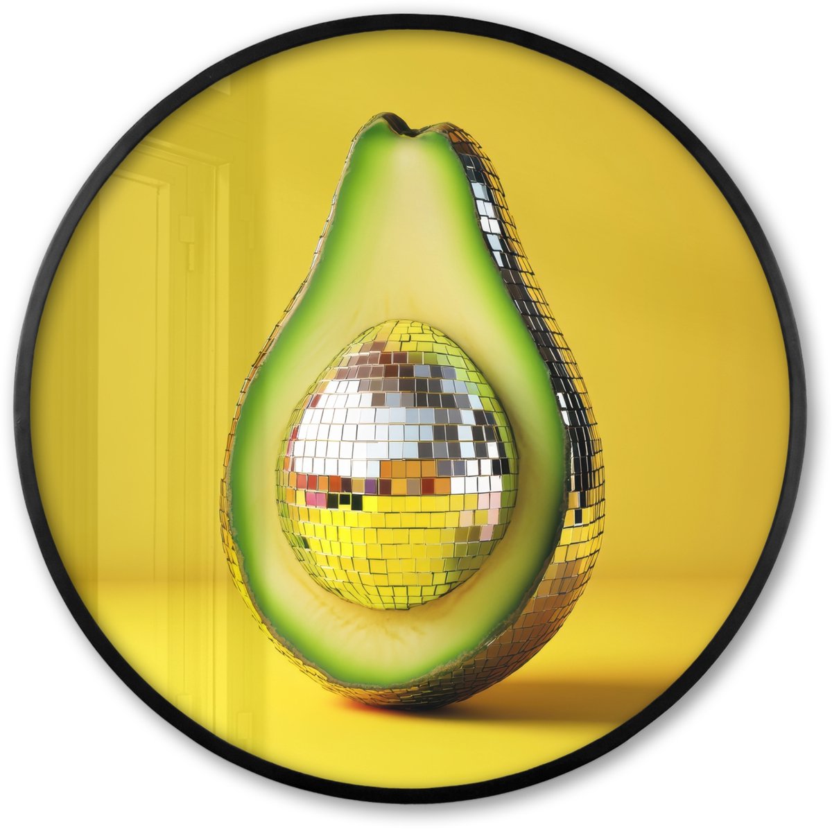 FrameYourWall Poster in lijst Rond - Fotolijst 80x80 cm - Posters - Avocado - Discobal - Geel - Glitter - Ronde posterlijst zwart - Decoratie - Wanddecoratie woonkamer - Muurdecoratie slaapkamer Disco - Avocado