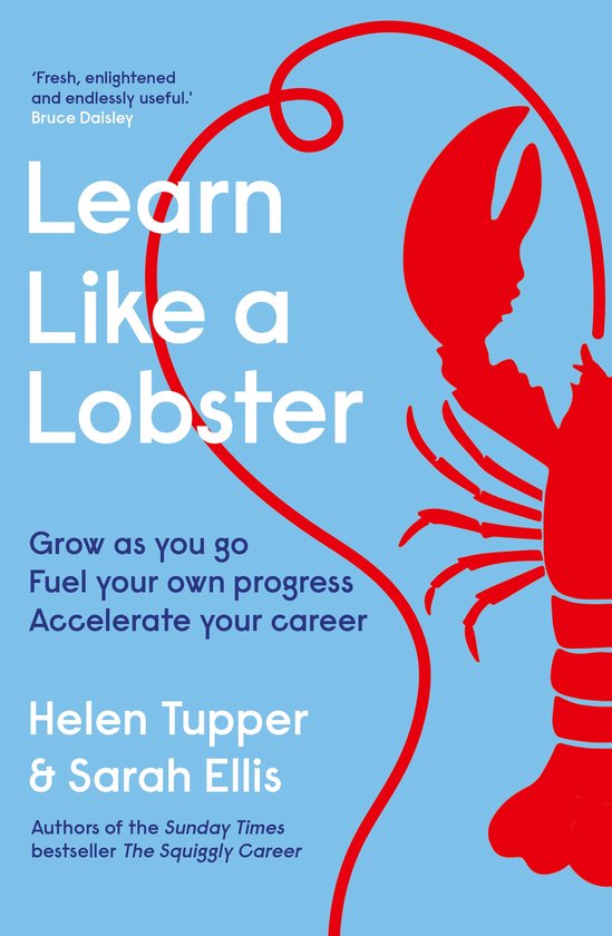Boekomslag 'Learn Like a Lobster' met een rode kreeft op een blauwe achtergrond. Tekst 'Learn Like a Lobster' in witte letters.