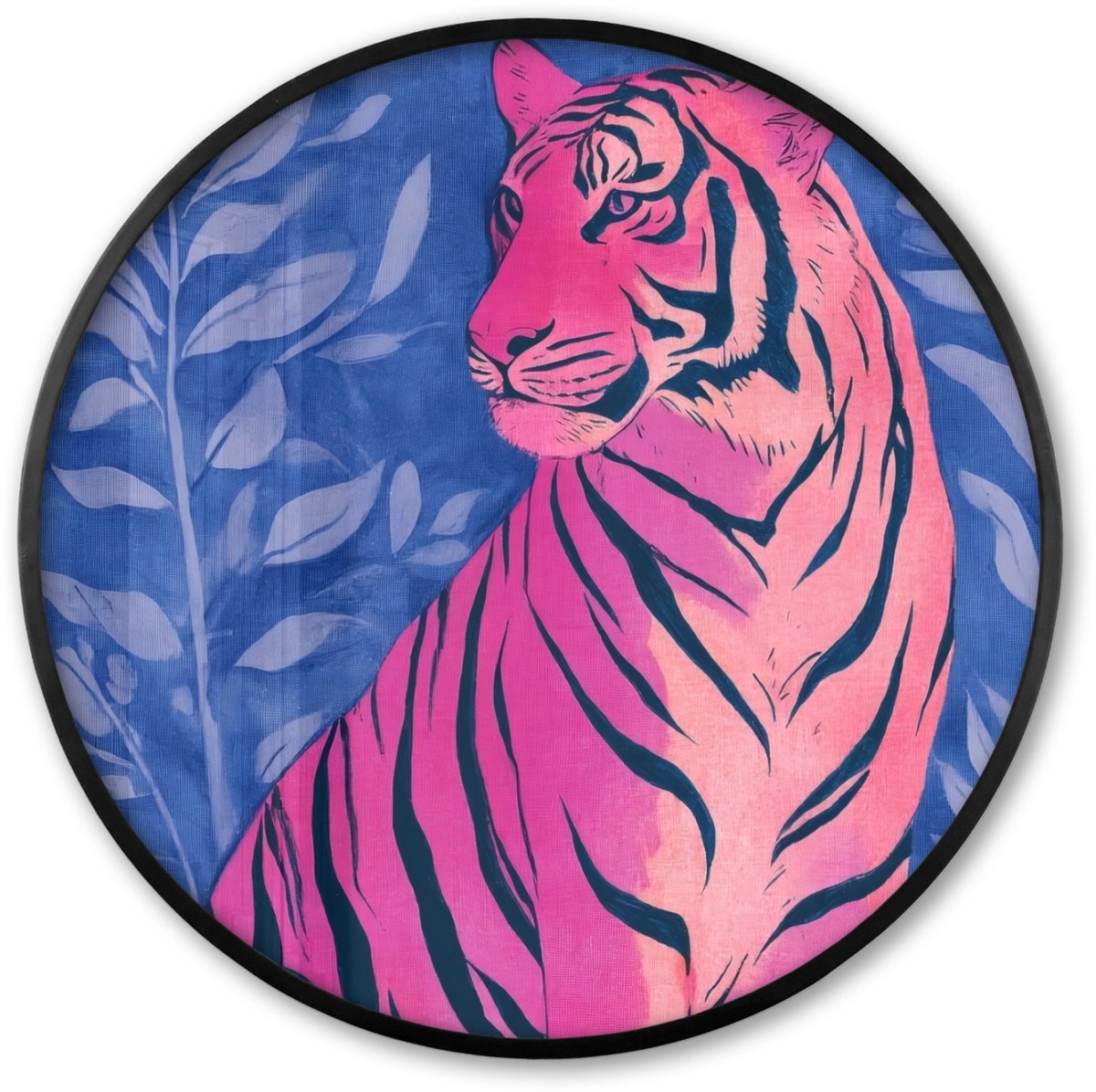 FrameYourWall Poster in lijst Rond - Fotolijst 60x60 cm - Posters - Tijger - Roze - Bladeren - Jungle - Ronde posterlijst zwart - Decoratie - Wanddecoratie woonkamer - Muurdecoratie slaapkamer Tijger - Bladeren
