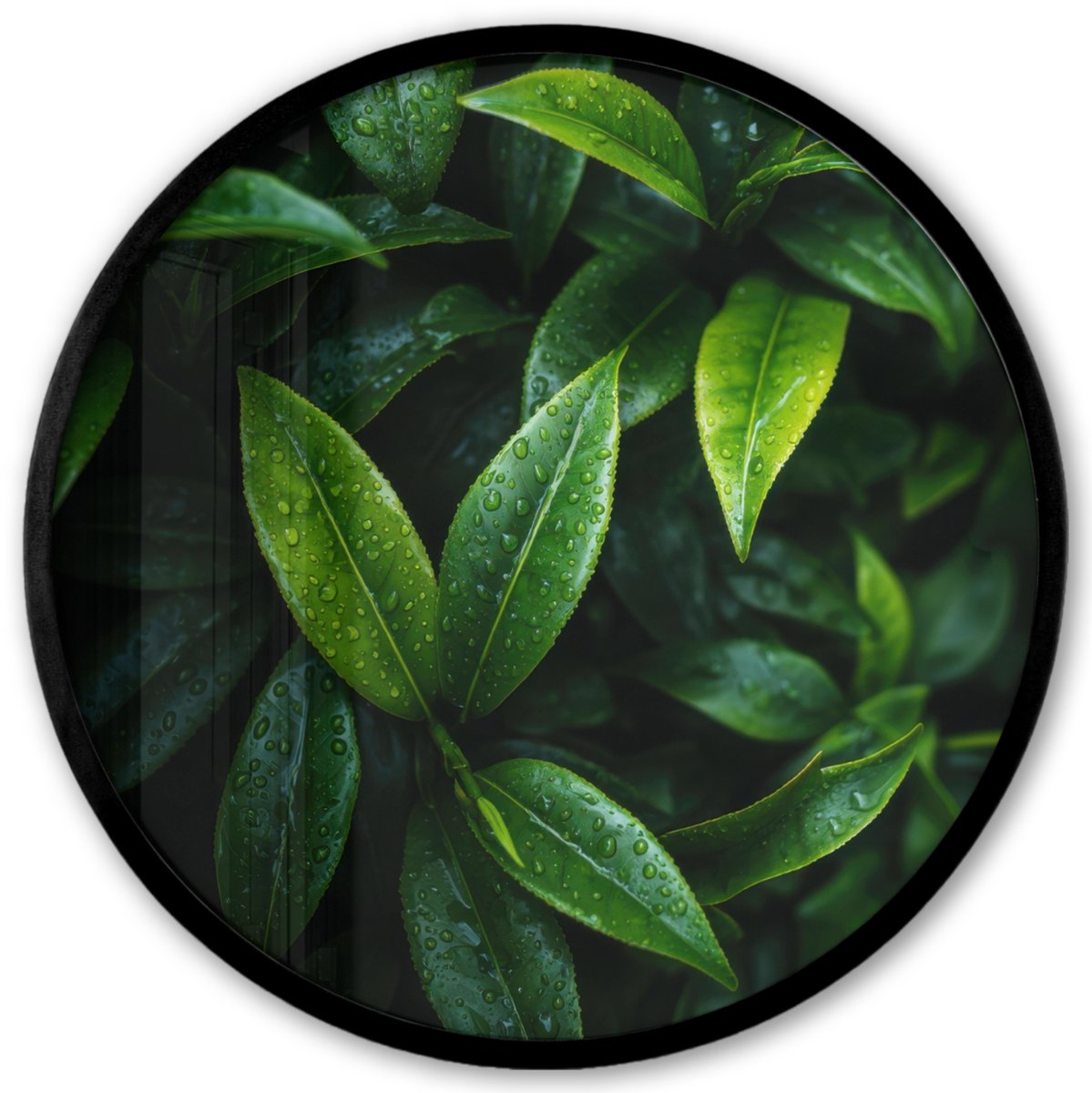 FrameYourWall Poster in lijst Rond - Fotolijst 40x40 cm - Posters - Bladeren - Regendruppels - Licht - Groen - Ronde posterlijst zwart - Decoratie - Wanddecoratie woonkamer - Muurdecoratie slaapkamer