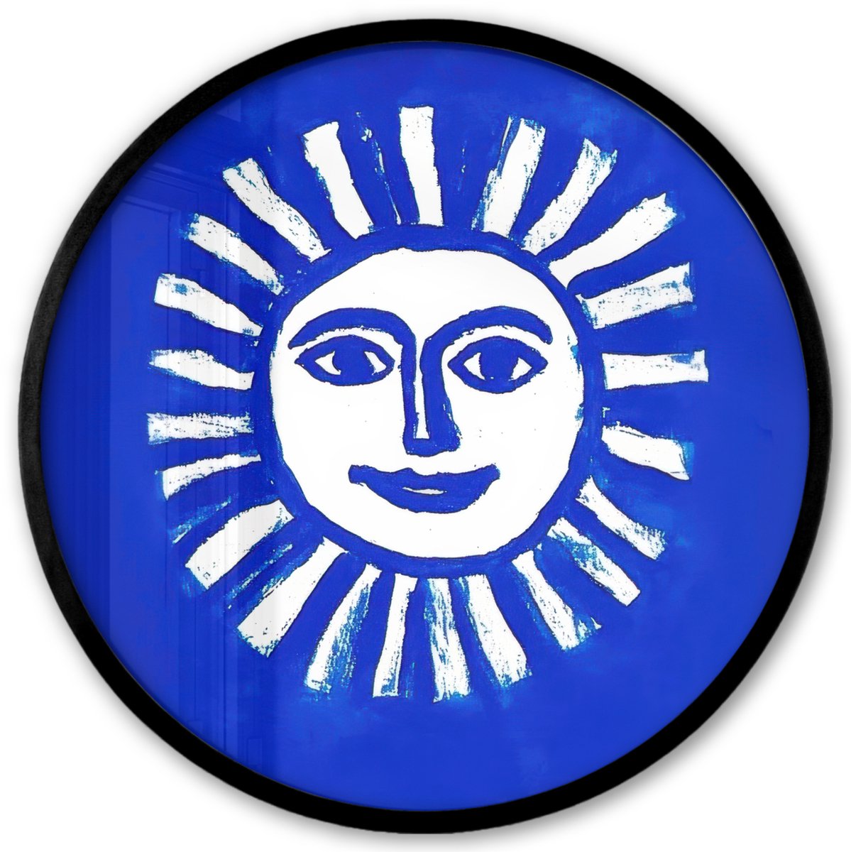FrameYourWall Poster in lijst Rond - Fotolijst 40x40 cm - Posters - Zon - Gezicht - Penseelstructuur - Blauw - Ronde posterlijst zwart - Decoratie - Wanddecoratie woonkamer - Muurdecoratie slaapkamer