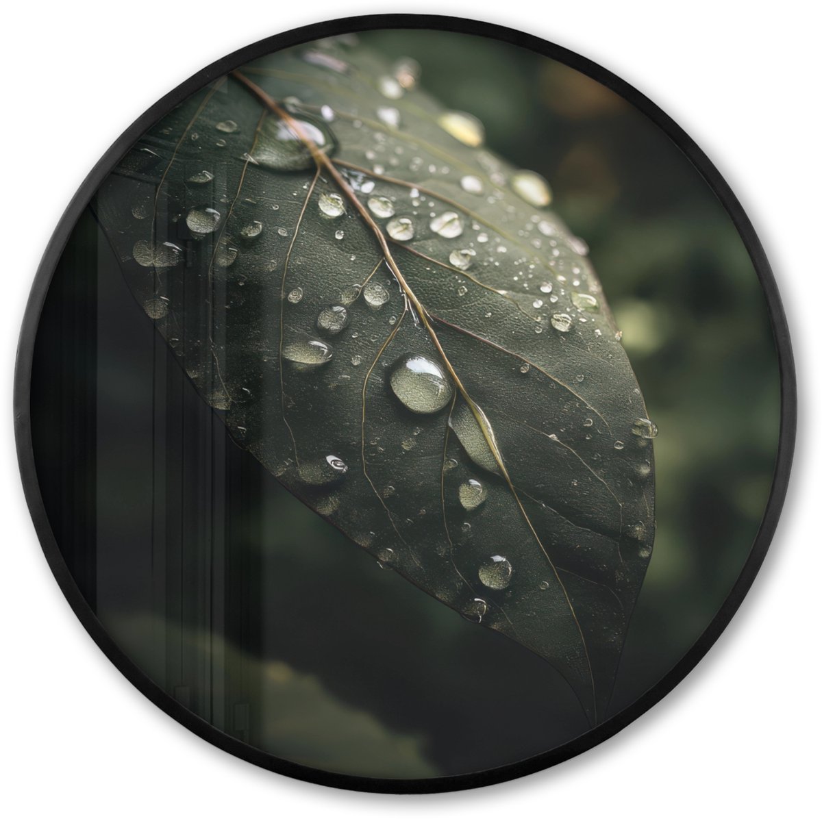 FrameYourWall Poster in lijst Rond - Fotolijst 60x60 cm - Posters - Blad - Groen - Nerven - Regendruppels - Ronde posterlijst zwart - Decoratie - Wanddecoratie woonkamer - Muurdecoratie slaapkamer