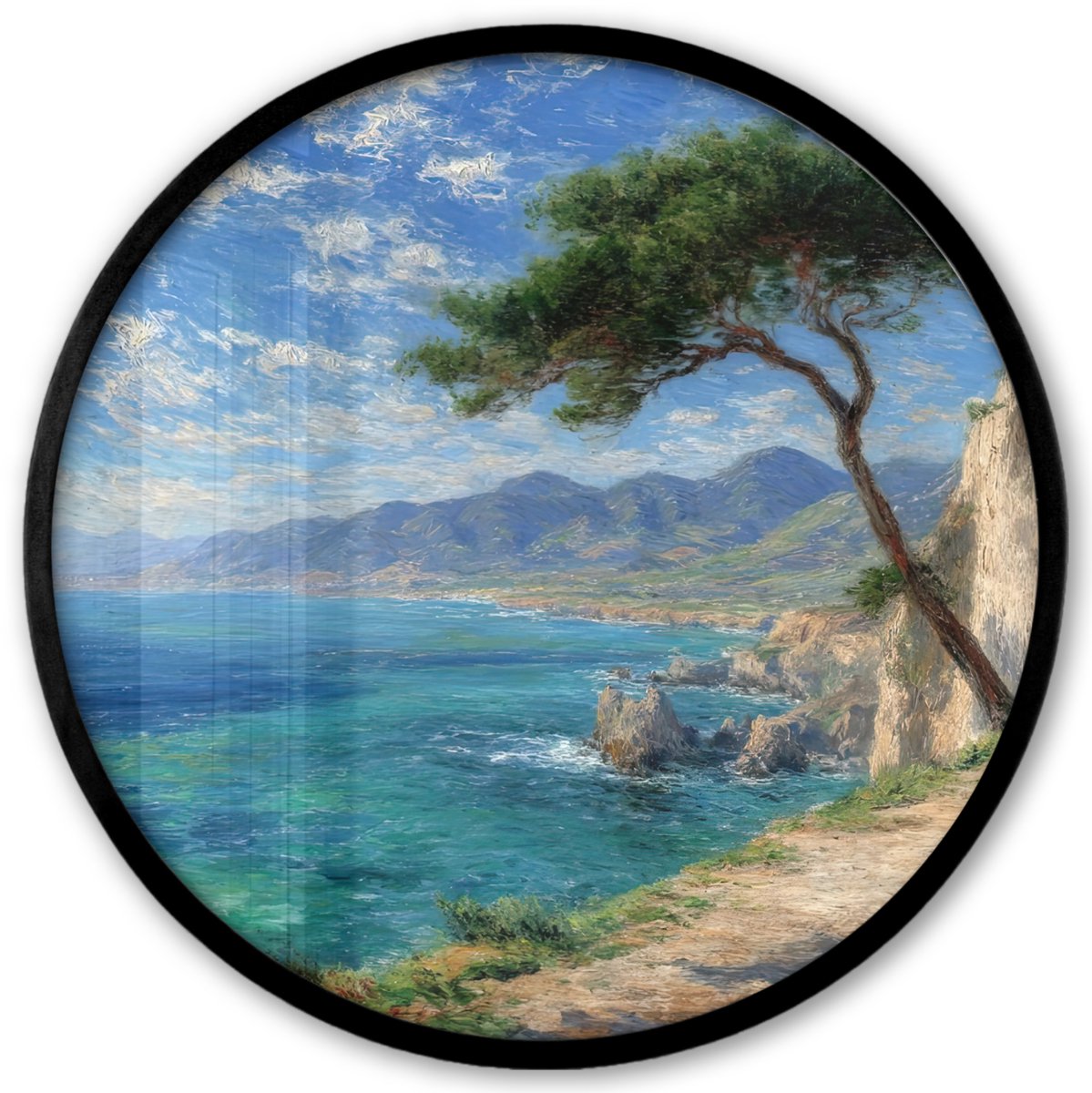 FrameYourWall Poster in lijst Rond - Fotolijst 40x40 cm - Posters - Rotsen - Kustlijn - Boom - Bergen - Ronde posterlijst zwart - Decoratie - Wanddecoratie woonkamer - Muurdecoratie slaapkamer