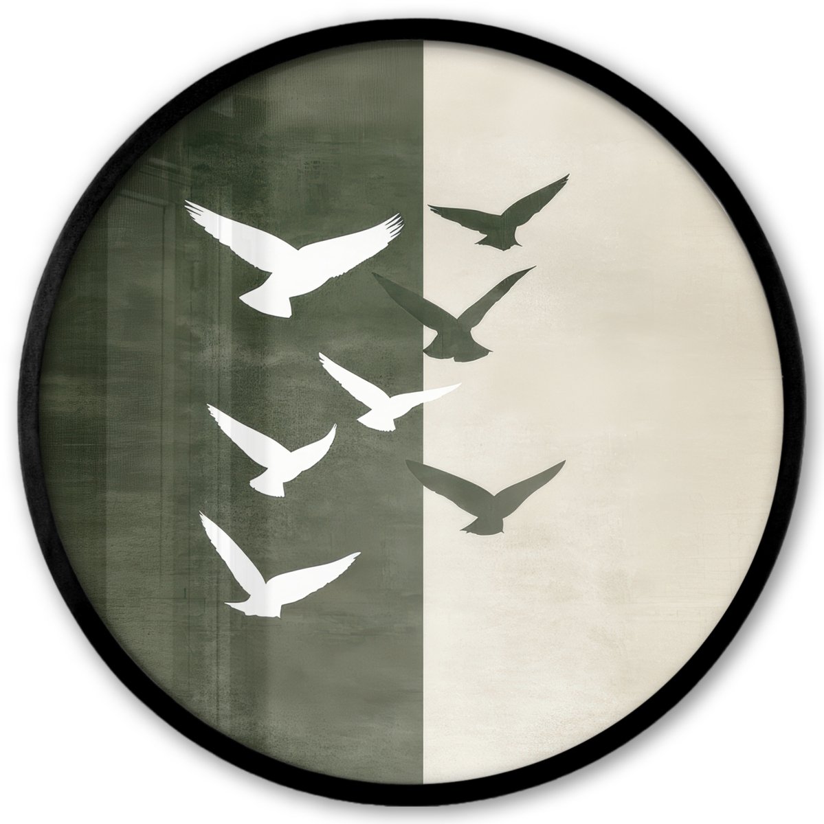 FrameYourWall Poster in lijst Rond - Fotolijst 40x40 cm - Posters - Japandi - Vogel - Groen - Ronde posterlijst zwart - Decoratie - Wanddecoratie woonkamer - Muurdecoratie slaapkamer Vogels