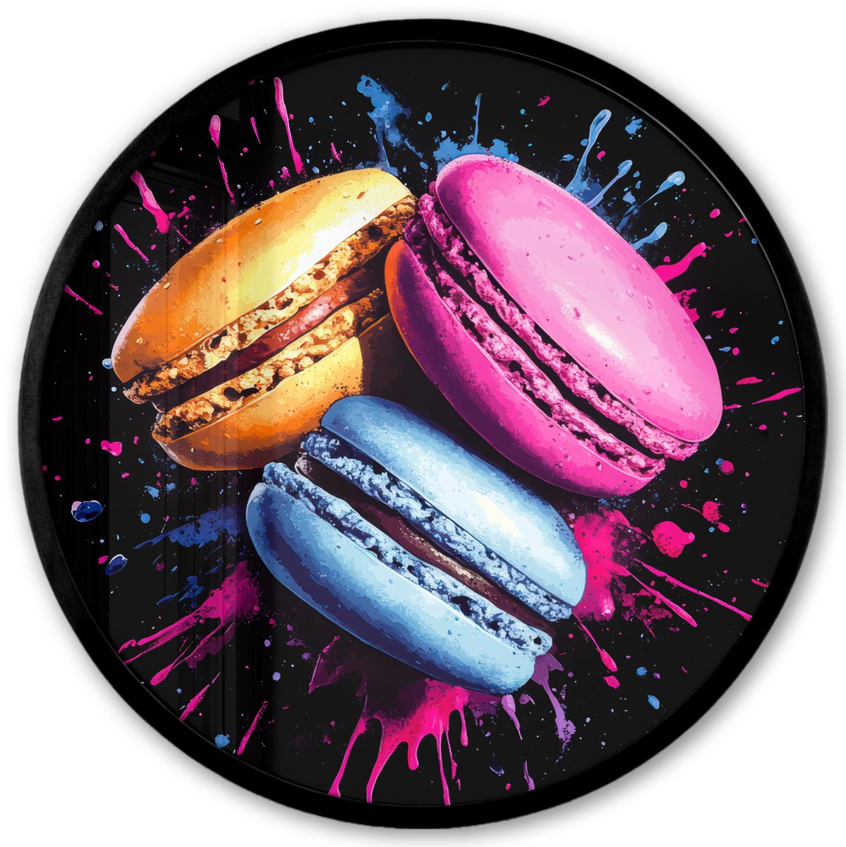 FrameYourWall Poster in lijst Rond - Fotolijst 40x40 cm - Posters - Macarons - Dessert - Graffiti - Kleurrijk - Roze - Blauw - Geel - Ronde posterlijst zwart - Decoratie - Wanddecoratie woonkamer - Muurdecoratie slaapkamer Graffiti - Macarons