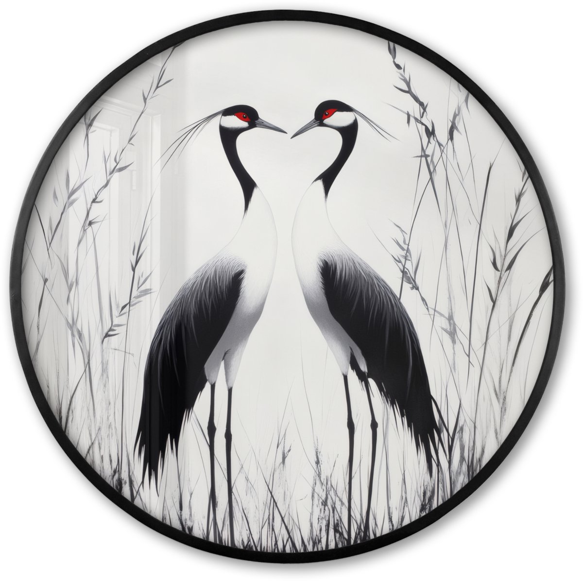 FrameYourWall Poster in lijst Rond - Fotolijst 60x60 cm - Posters - Kraanvogels - Gras - Hartvorm - Zwart - Ronde posterlijst zwart - Decoratie - Wanddecoratie woonkamer - Muurdecoratie slaapkamer