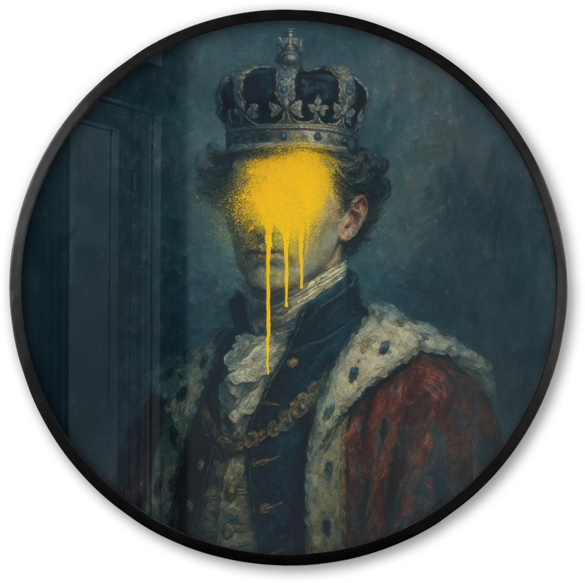 FrameYourWall Poster in lijst Rond - Fotolijst 60x60 cm - Posters - Koning - Portret - Druipende gele verf - Ronde posterlijst zwart - Decoratie - Wanddecoratie woonkamer - Muurdecoratie slaapkamer Koning - Portret - Verf