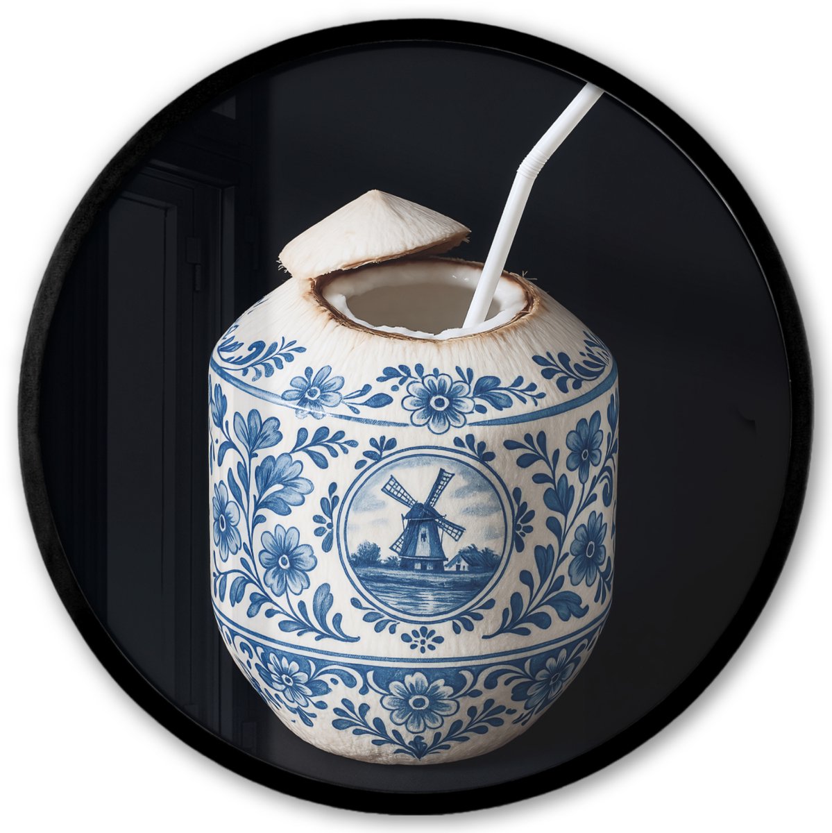 FrameYourWall Poster in lijst Rond - Fotolijst 40x40 cm - Posters - Kokosnoot - Eten - Delfts blauw - Drinken - Ronde posterlijst zwart - Decoratie - Wanddecoratie woonkamer - Muurdecoratie slaapkamer