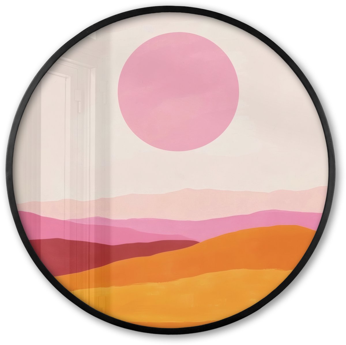 FrameYourWall Poster in lijst Rond - Fotolijst 80x80 cm - Posters - Heuvels - Oranje - Zon - Abstract - Ronde posterlijst zwart - Decoratie - Wanddecoratie woonkamer - Muurdecoratie slaapkamer Heuvels - Abstract