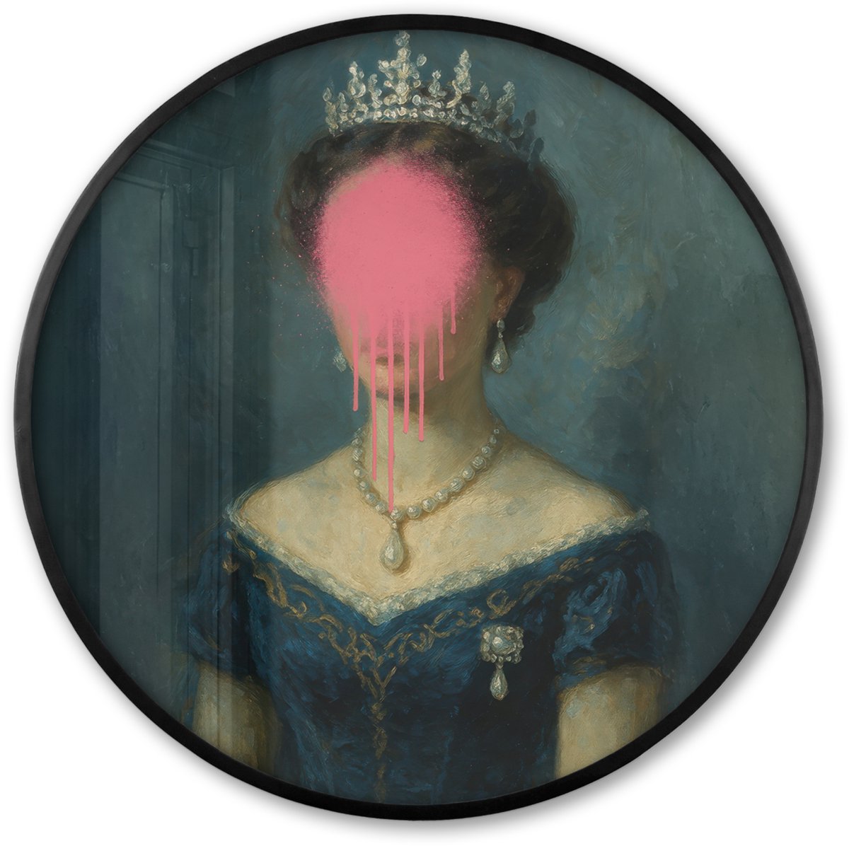 FrameYourWall Poster in lijst Rond - Fotolijst 80x80 cm - Posters - Kroon - Roze druipend verf - Portret - Ronde posterlijst zwart - Decoratie - Wanddecoratie woonkamer - Muurdecoratie slaapkamer Vrouw - Kroon - Verf