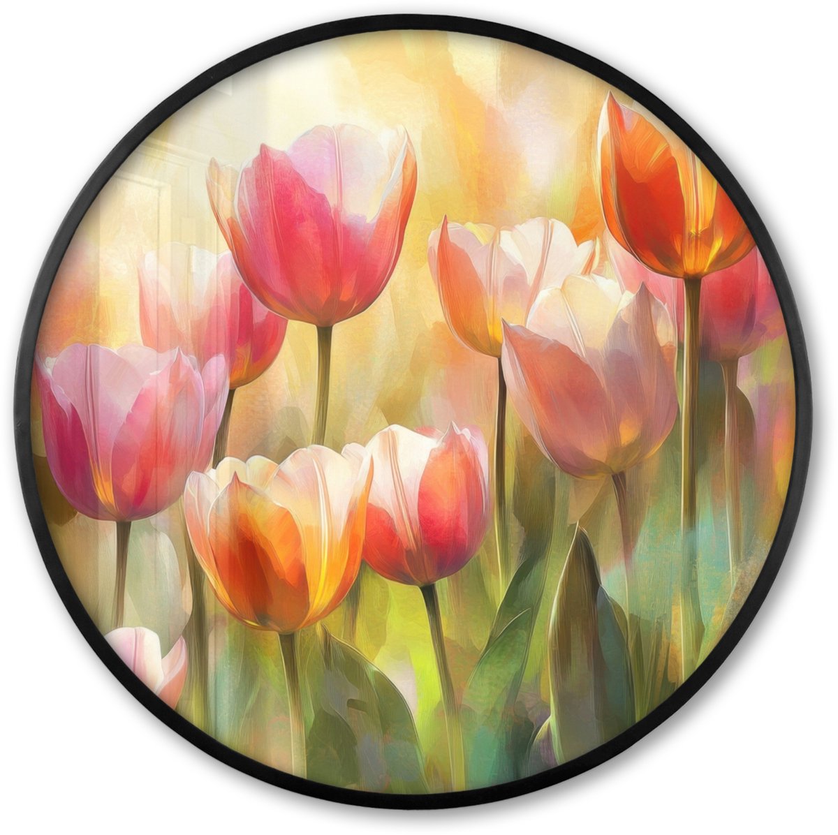 FrameYourWall Poster in lijst Rond - Fotolijst 80x80 cm - Posters - Tulpen - Sprookjesachtig - Kleurrijk - Ronde posterlijst zwart - Decoratie - Wanddecoratie woonkamer - Muurdecoratie slaapkamer Tulpen - Kleurrijk