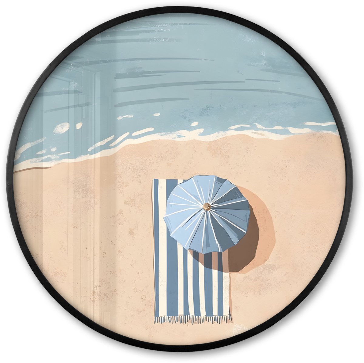 FrameYourWall Poster in lijst Rond - Fotolijst 60x60 cm - Posters - Strandlaken - Strepen - Parasol - Strand - Ronde posterlijst zwart - Decoratie - Wanddecoratie woonkamer - Muurdecoratie slaapkamer Strand - Parasol