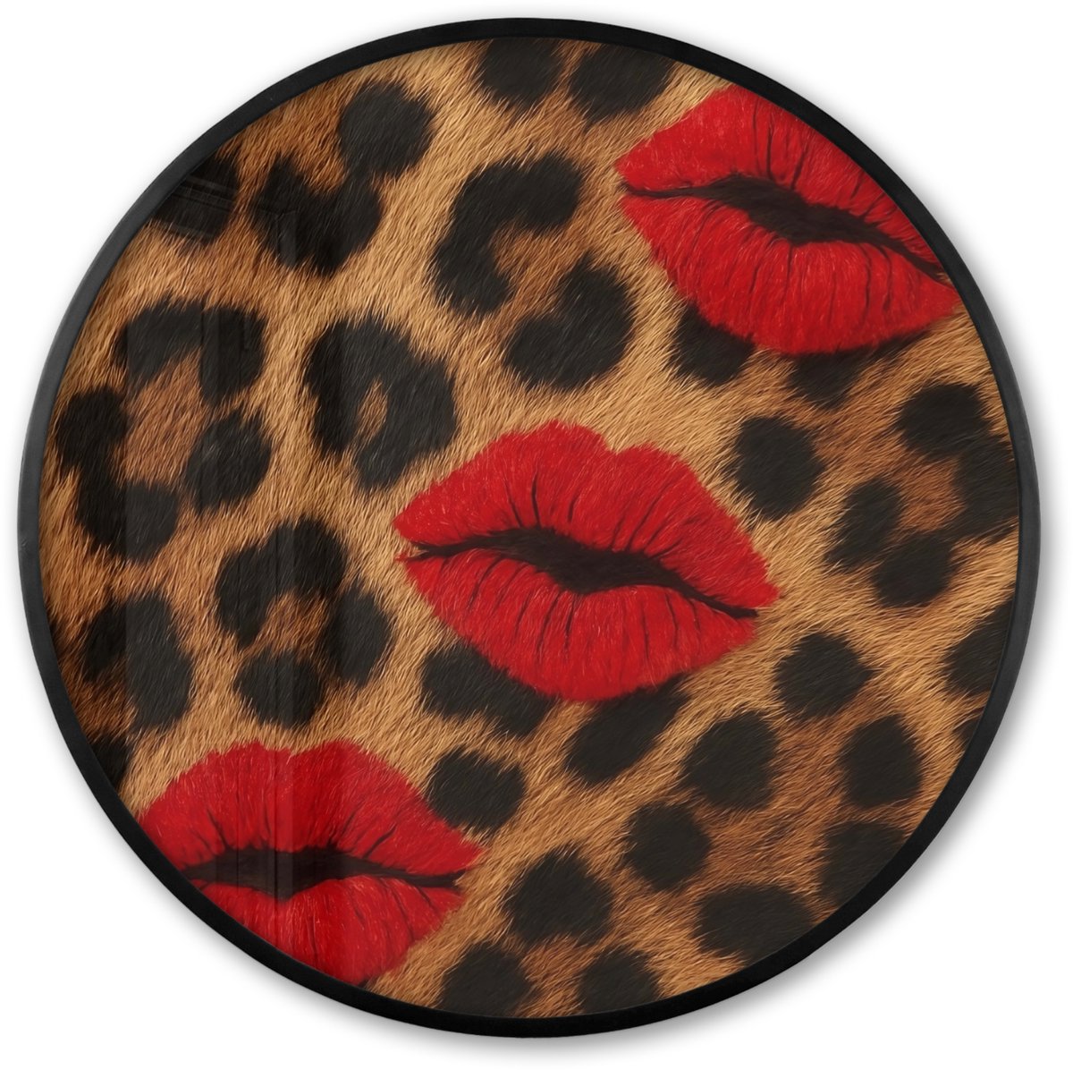 FrameYourWall Poster in lijst Rond - Fotolijst 80x80 cm - Posters - Lippen - Drie - Rood - Panterprint - Ronde posterlijst zwart - Decoratie - Wanddecoratie woonkamer - Muurdecoratie slaapkamer Lippen - Panterprint
