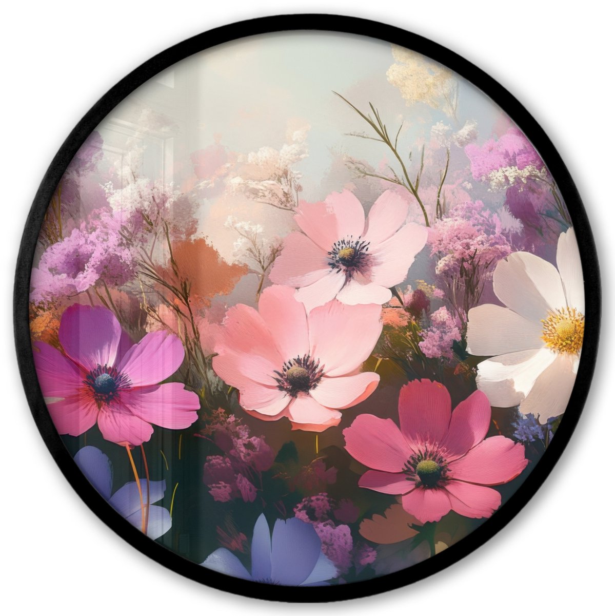 FrameYourWall Poster in lijst Rond - Fotolijst 40x40 cm - Posters - Bloemen - Kleurrijk - Bloei - Ronde posterlijst zwart - Decoratie - Wanddecoratie woonkamer - Muurdecoratie slaapkamer
