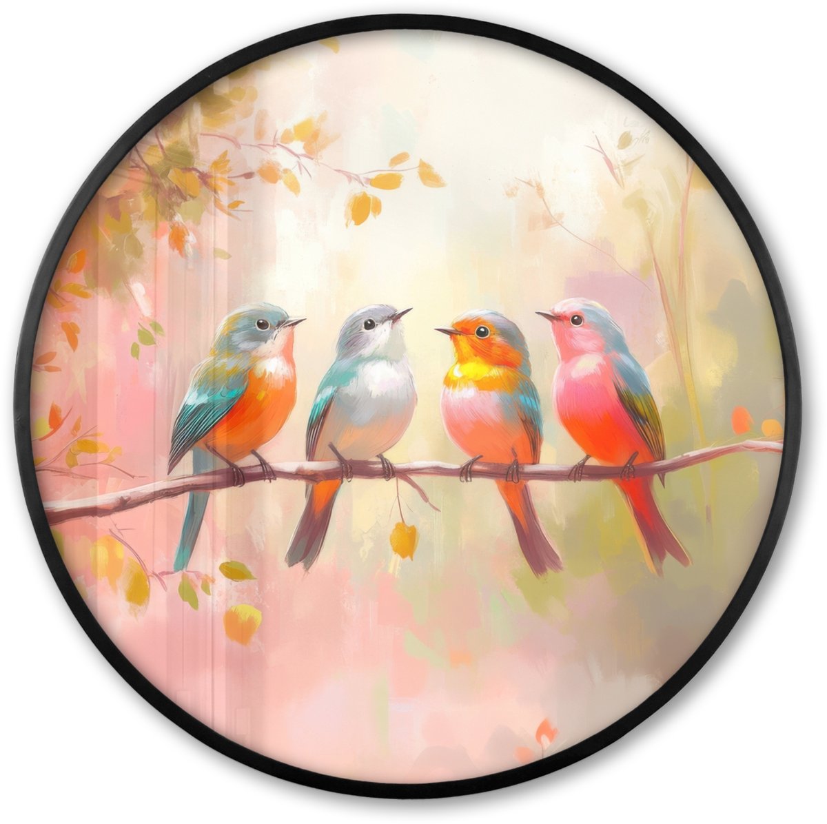 FrameYourWall Poster in lijst Rond - Fotolijst 80x80 cm - Posters - Vogels - Kleurrijk - Tak - Ronde posterlijst zwart - Decoratie - Wanddecoratie woonkamer - Muurdecoratie slaapkamer