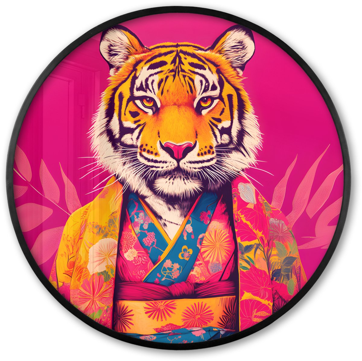 FrameYourWall Poster in lijst Rond - Fotolijst 60x60 cm - Posters - Tijger - Kimono - Planten - Roze - Ronde posterlijst zwart - Decoratie - Wanddecoratie woonkamer - Muurdecoratie slaapkamer