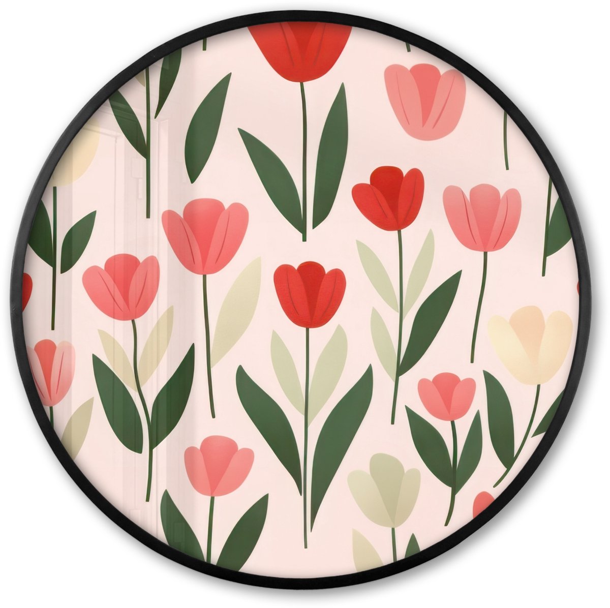 FrameYourWall Poster in lijst Rond - Fotolijst 80x80 cm - Posters - Tulpen - Modern - Roze - Ronde posterlijst zwart - Decoratie - Wanddecoratie woonkamer - Muurdecoratie slaapkamer Bloemen