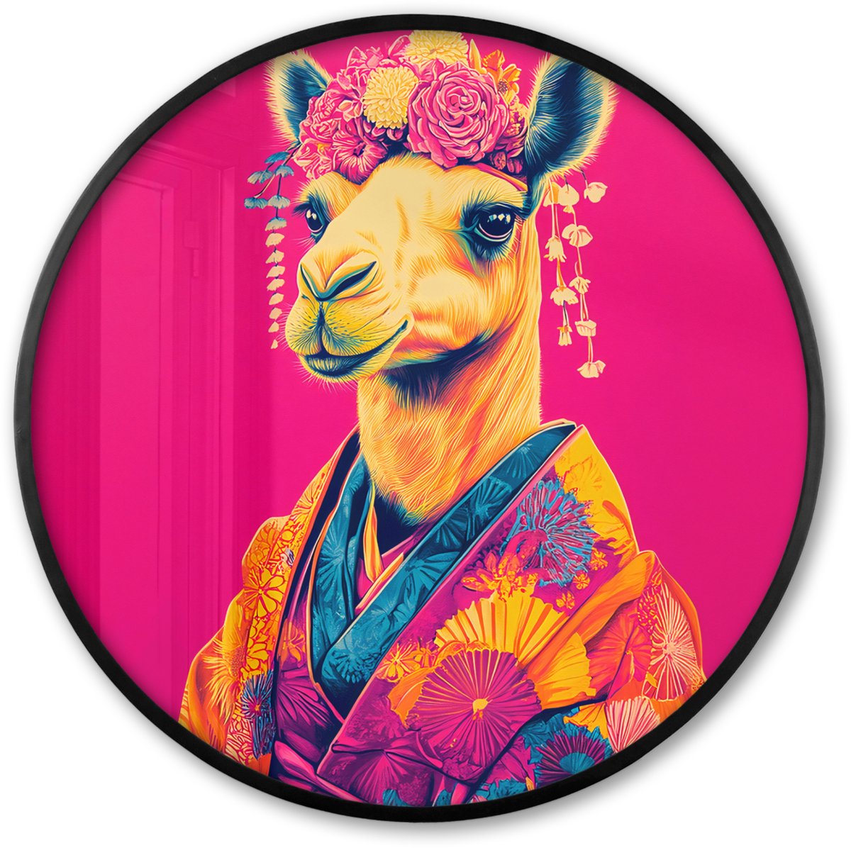 FrameYourWall Poster in lijst Rond - Fotolijst 60x60 cm - Posters - Kameel - Bloemen - Kimono - Waaiers - Ronde posterlijst zwart - Decoratie - Wanddecoratie woonkamer - Muurdecoratie slaapkamer