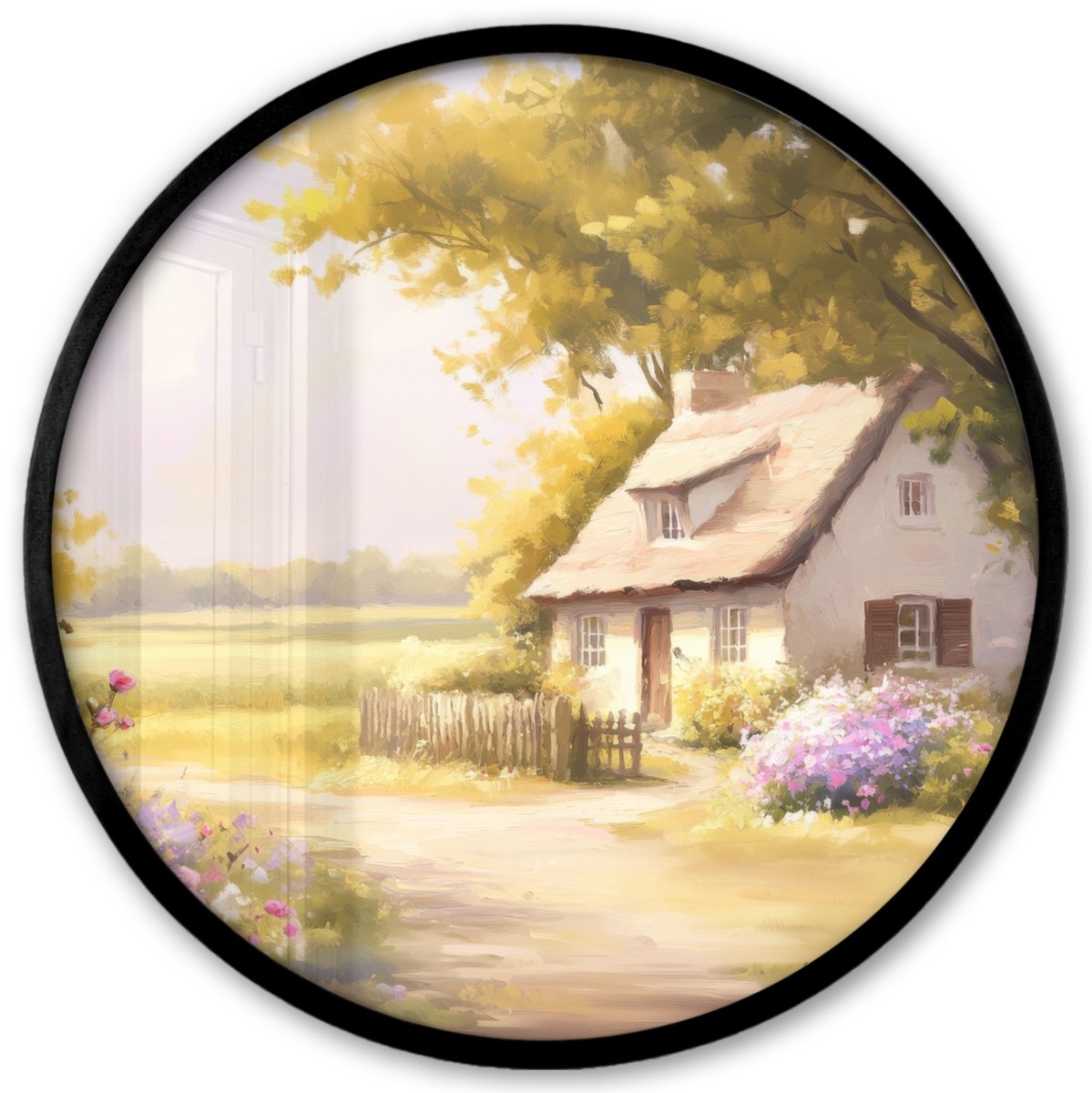 FrameYourWall Poster in lijst Rond - Fotolijst 40x40 cm - Posters - Huisje - Hout - Bloemen - Ronde posterlijst zwart - Decoratie - Wanddecoratie woonkamer - Muurdecoratie slaapkamer Landschap - Huisje