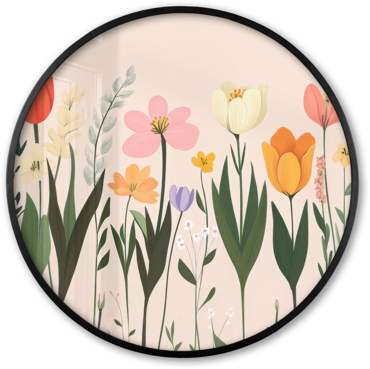 FrameYourWall Poster in lijst Rond - Fotolijst 60x60 cm - Posters - Pasteltinten - Bloemen - Illustratie - Ronde posterlijst zwart - Decoratie - Wanddecoratie woonkamer - Muurdecoratie slaapkamer