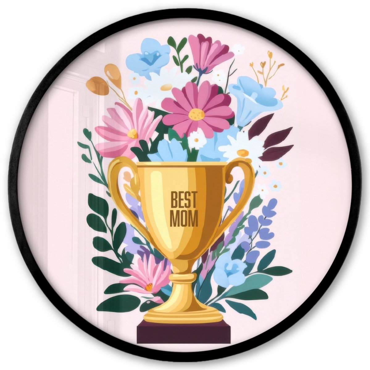 FrameYourWall Poster in lijst Rond - Fotolijst 40x40 cm - Posters - Trofee - Best Mom - Bloemen - Kleurrijk - Ronde posterlijst zwart - Decoratie - Wanddecoratie woonkamer - Muurdecoratie slaapkamer Trofee - Bloemen - Tekst