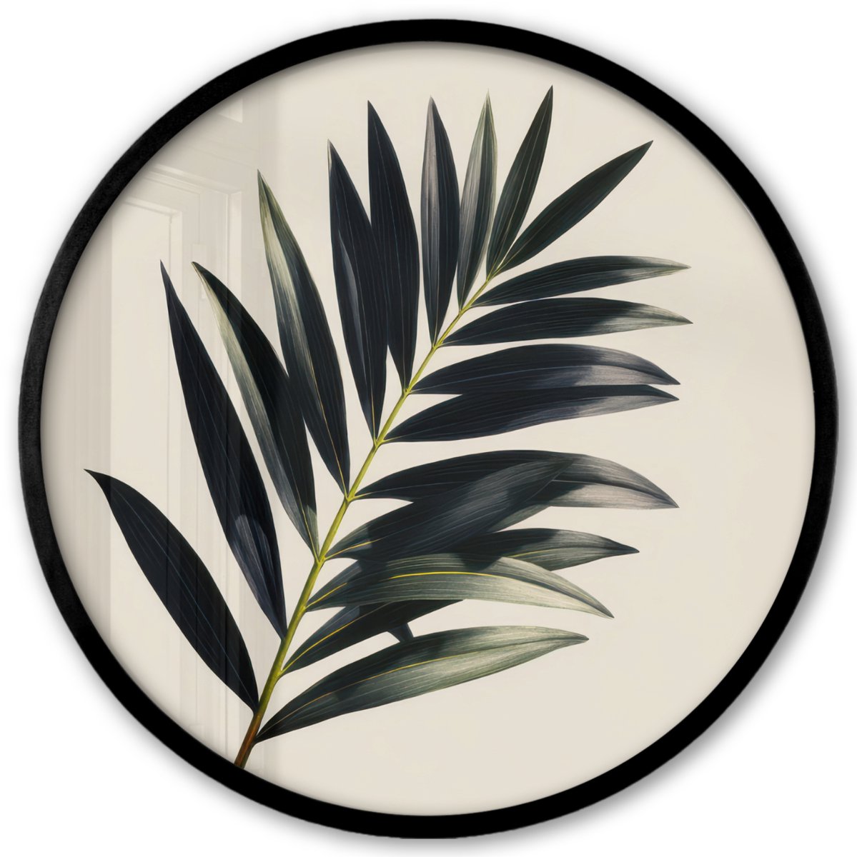 FrameYourWall Poster in lijst Rond - Fotolijst 40x40 cm - Posters - Palmblad - Subtiel - Groen - beige - Ronde posterlijst zwart - Decoratie - Wanddecoratie woonkamer - Muurdecoratie slaapkamer