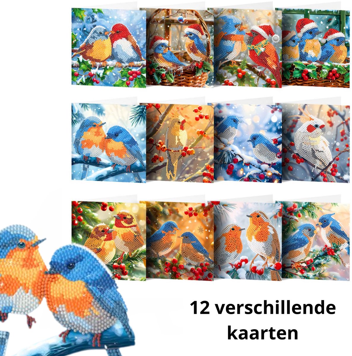 IZGO Diamond Painting Kaarten – 12 Wenskaarten met envelop - Zonder Tekst - Volwassenen – Volledig Pakket - Diamant schilderen - Kerst