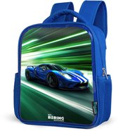 NoBoringSuitcases.com® - Rugzak blauw - Schooltas jongens - Blauwe raceauto met strepen in groene tunnel - Kinder rugtas jongen - Boekentas kind - Kinderrugzak voor school - Sinterklaas cadeau - Cadeautjes voor kinderen - Kind schoencadeautjes
