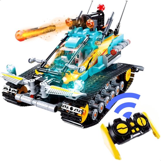 Chasseur d'assaut jouet télécommandé bleu et jaune avec chenilles, missiles et lumières.