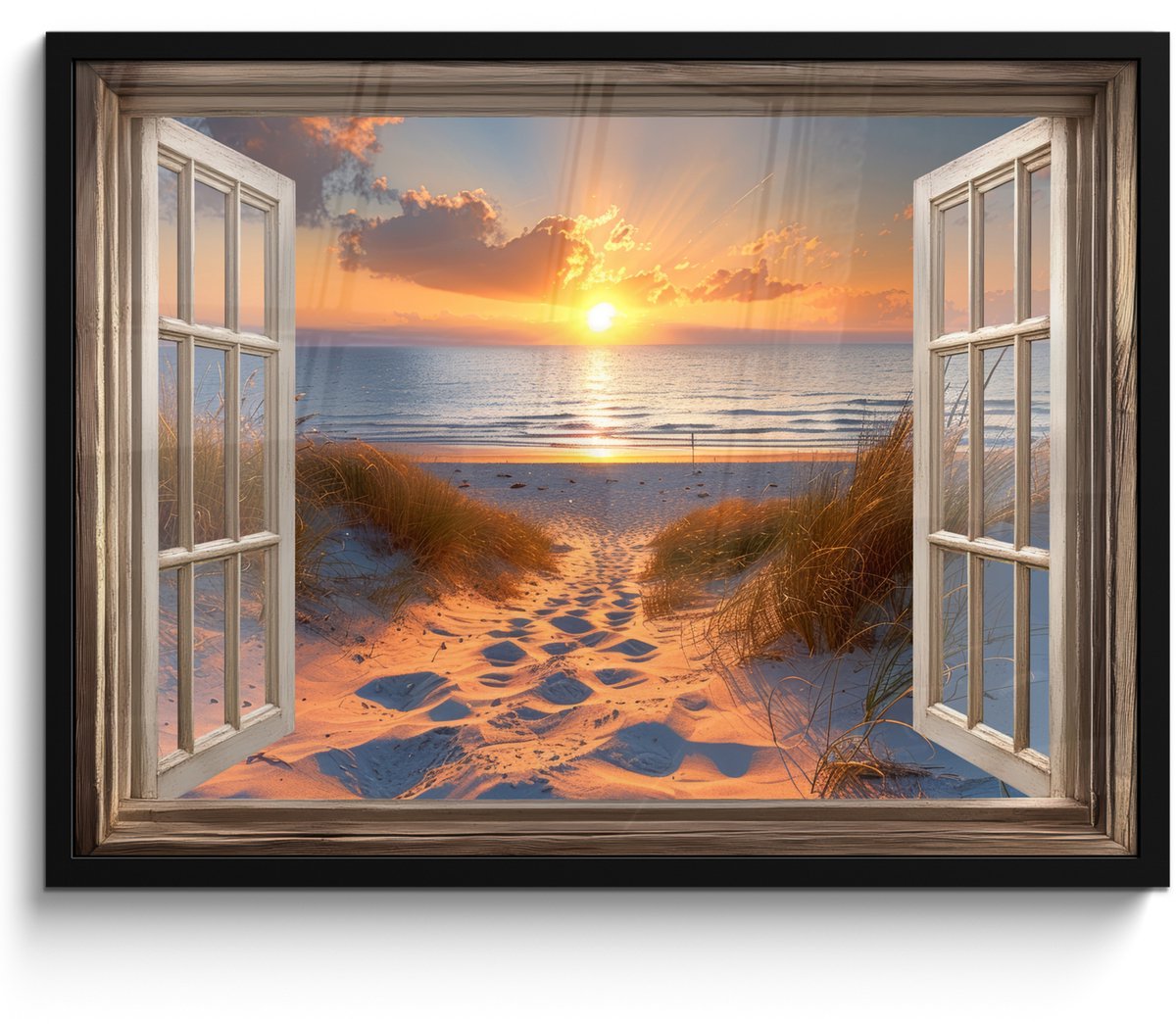 FrameYourWall Poster in lijst - Fotolijst 80x60 cm - Posters - Doorkijk - Strand - Duinen - Zonsondergang - Posterlijst zwart - Decoratie - Wanddecoratie woonkamer - Muurdecoratie slaapkamer Zonsondergang - Duinen