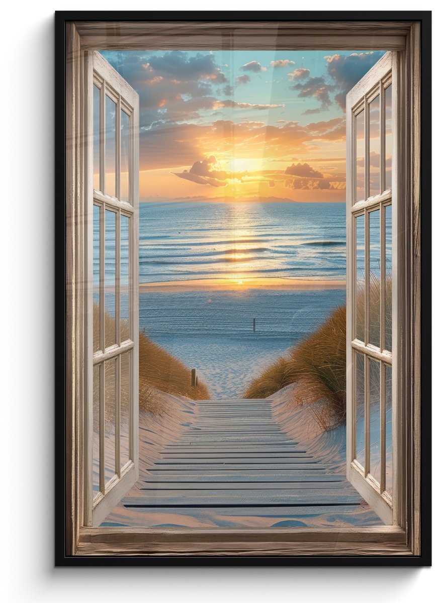 FrameYourWall Poster in lijst - Fotolijst 80x120 cm - Posters - Doorkijk - Strand - Pad - Zonsondergang - Posterlijst zwart - Decoratie - Wanddecoratie woonkamer - Muurdecoratie slaapkamer Zonsondergang - Zee