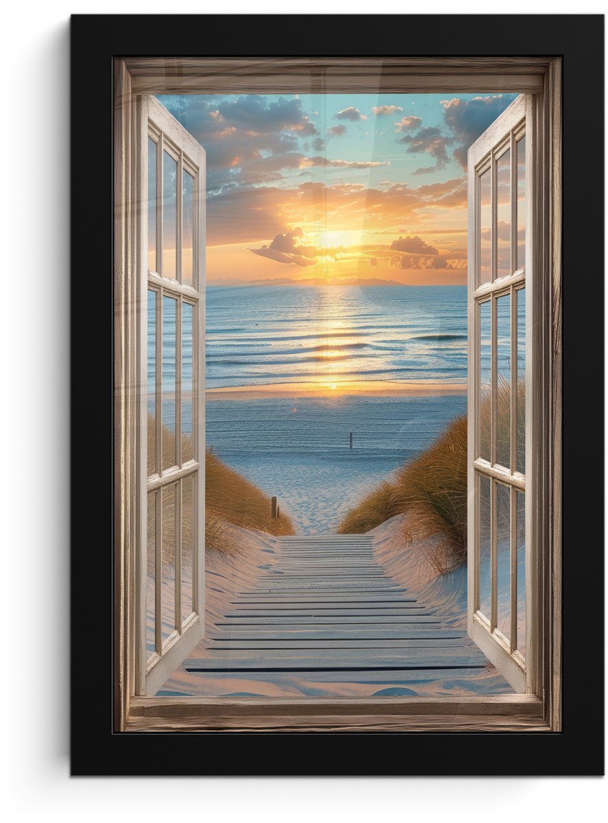 FrameYourWall Poster in lijst - Fotolijst 20x30 cm - Posters - Doorkijk - Strand - Pad - Zonsondergang - Posterlijst zwart - Decoratie - Wanddecoratie woonkamer - Muurdecoratie slaapkamer Zonsondergang - Zee