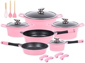 Royalty Line® ES1014 Inductie Pannenset - 17 Delige Pannensets - Pan Met Afneembare Handvaten - Ovenbestendig - Pannen Voor Alle Warmtebronnen - Antiaanbaklaag - Roze