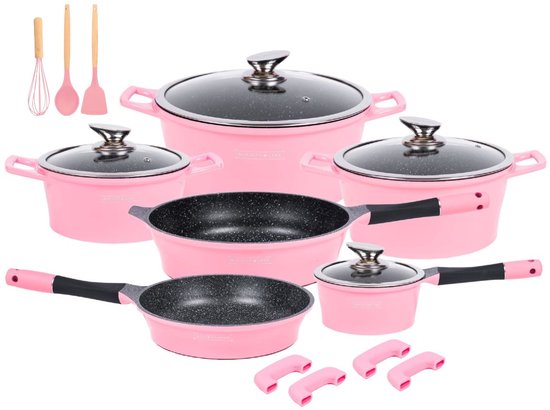 Royalty Line® ES1014 Inductie Pannenset - 17 Delige Pannensets - Pan Met Afneembare Handvaten - Ovenbestendig - Pannen Voor Alle Warmtebronnen - Antiaanbaklaag - Roze