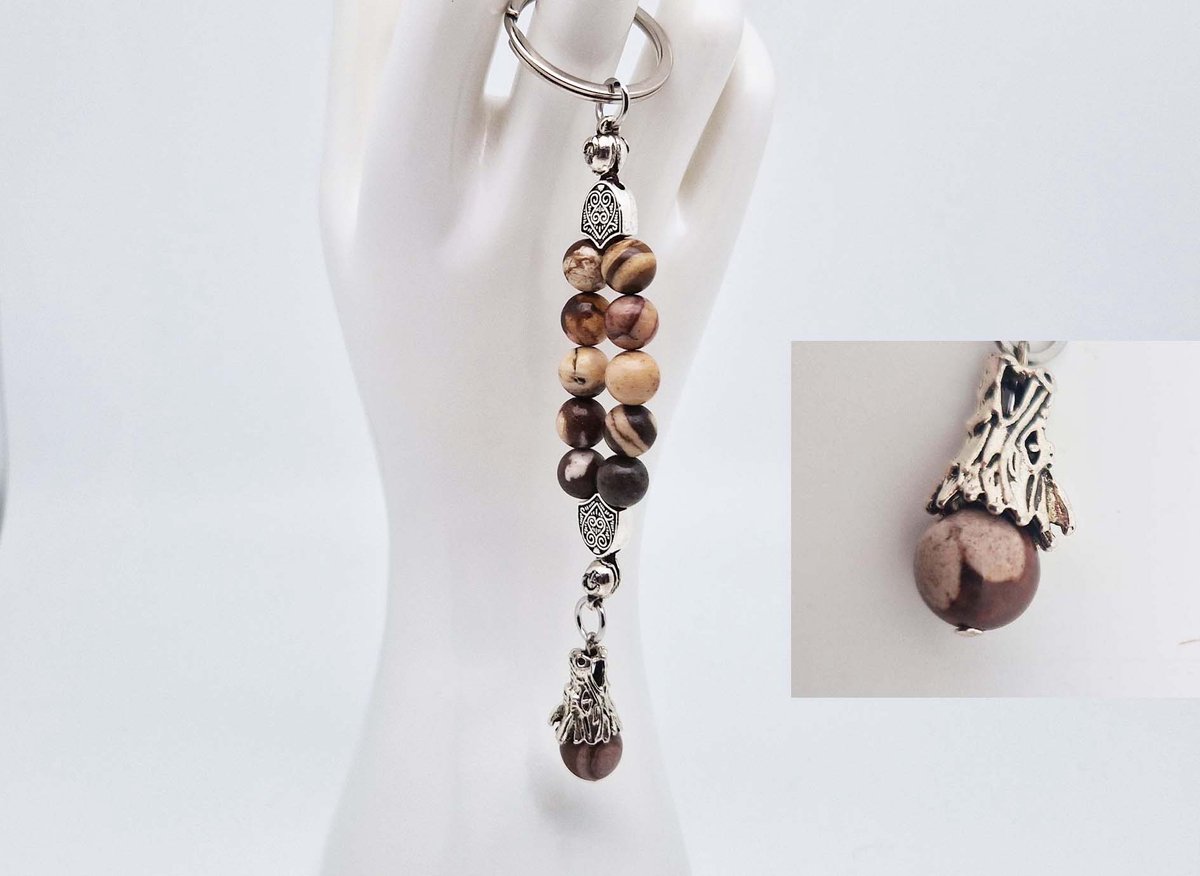 Handgemaakte Natuurstenen Sleutelhanger " Australia zebra jasper "- Met metaal hanger - 8 mm diameter van de korrel- Mooie accessoire en decoratie voor de auto-Vaderdag Cadeau -Moderdag Cadeau - Cadeau vrienden