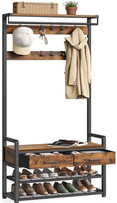Industrieel Kapstok met Schoenenrek en Zitbank – 6-in-1 Halmeubel – Met Haken, Lades en Opbergruimte – Metaal en Hout – 181,6 cm Hoog – Garderoberek voor Hal, Gang of Entree