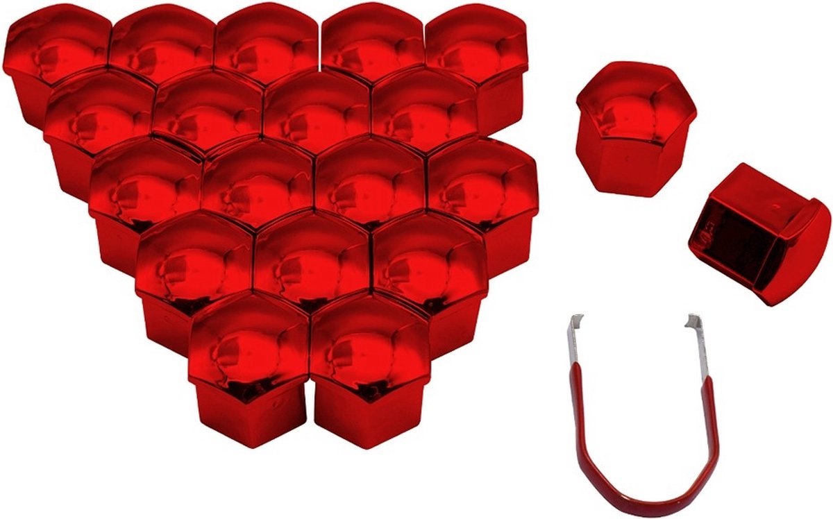 Wielmoerkapjes 19 mm - Rood Metallic - Kunststof - Set van 20 stuks incl. tweezer tool - Universeel