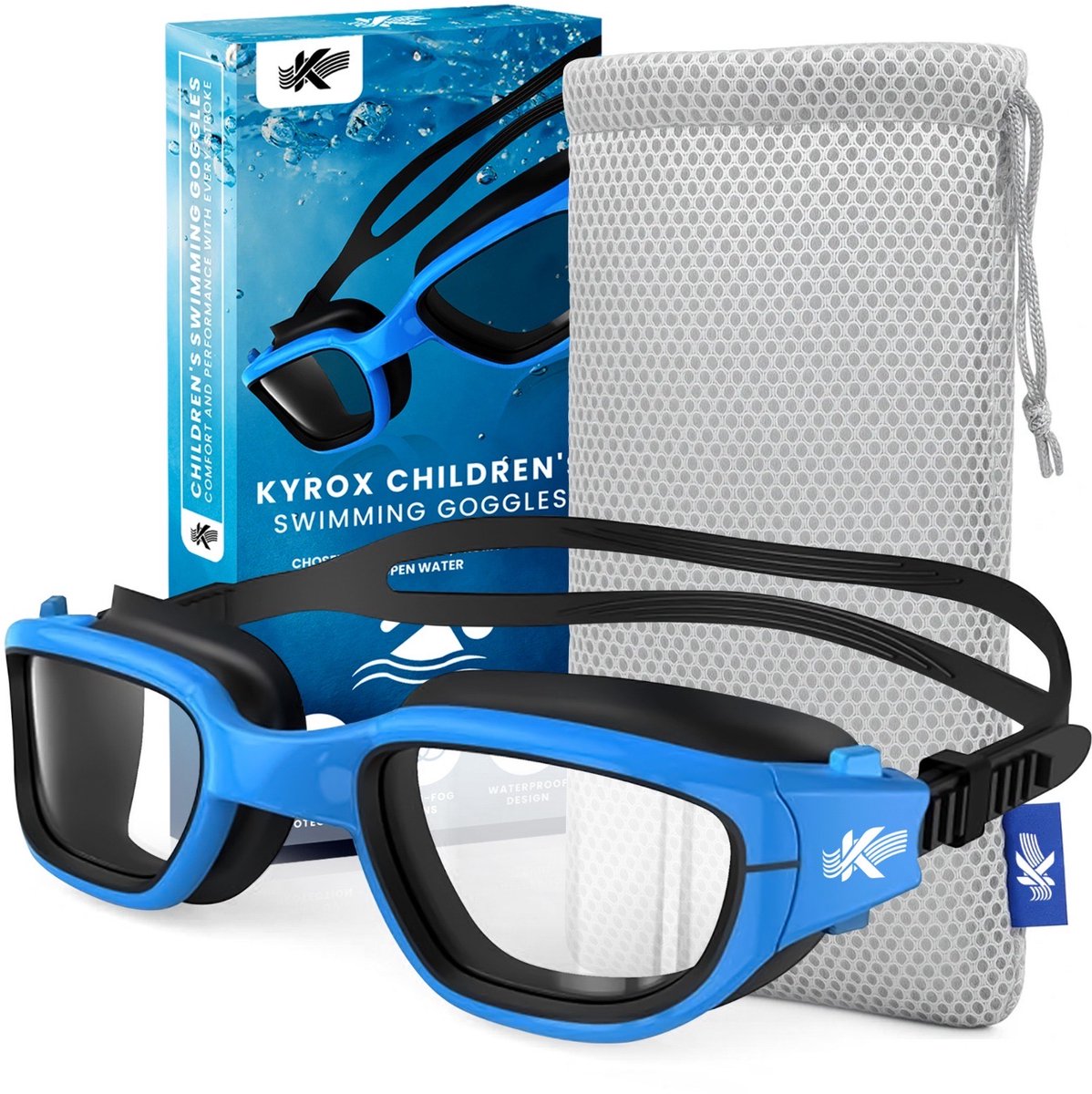 Kyrox Zwembril kinderen - Duikbril kinderen - 6-15 jaar - Inclusief Mesh Bag - Anti-Condens - UV Bescherming - Blauw