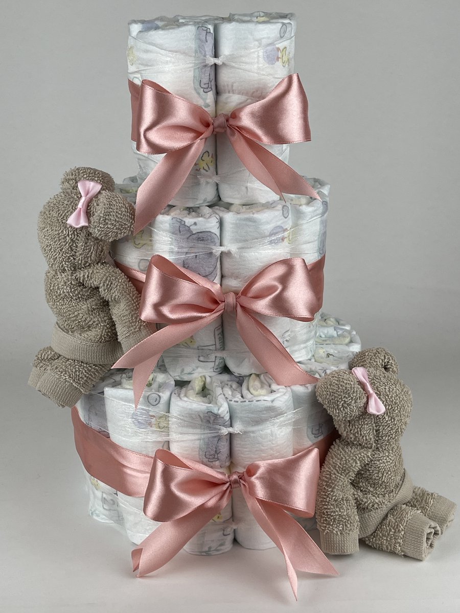 Chouette-Chouette | Luiertaart Meisje | Kraamcadeau | Geboorte Meisje | Babyshower | Beren Cream - donker Poeder Roze