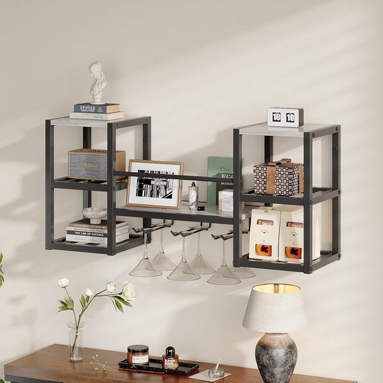 VEDECASA Wijnrek 3 Niveaus VEDECASA Wijnrek Aan De Muur - 3 Niveaus Met 6 Glashouders (Zwart Metaal & Hout) Zwart Metalen Wijnrek Met Hout
