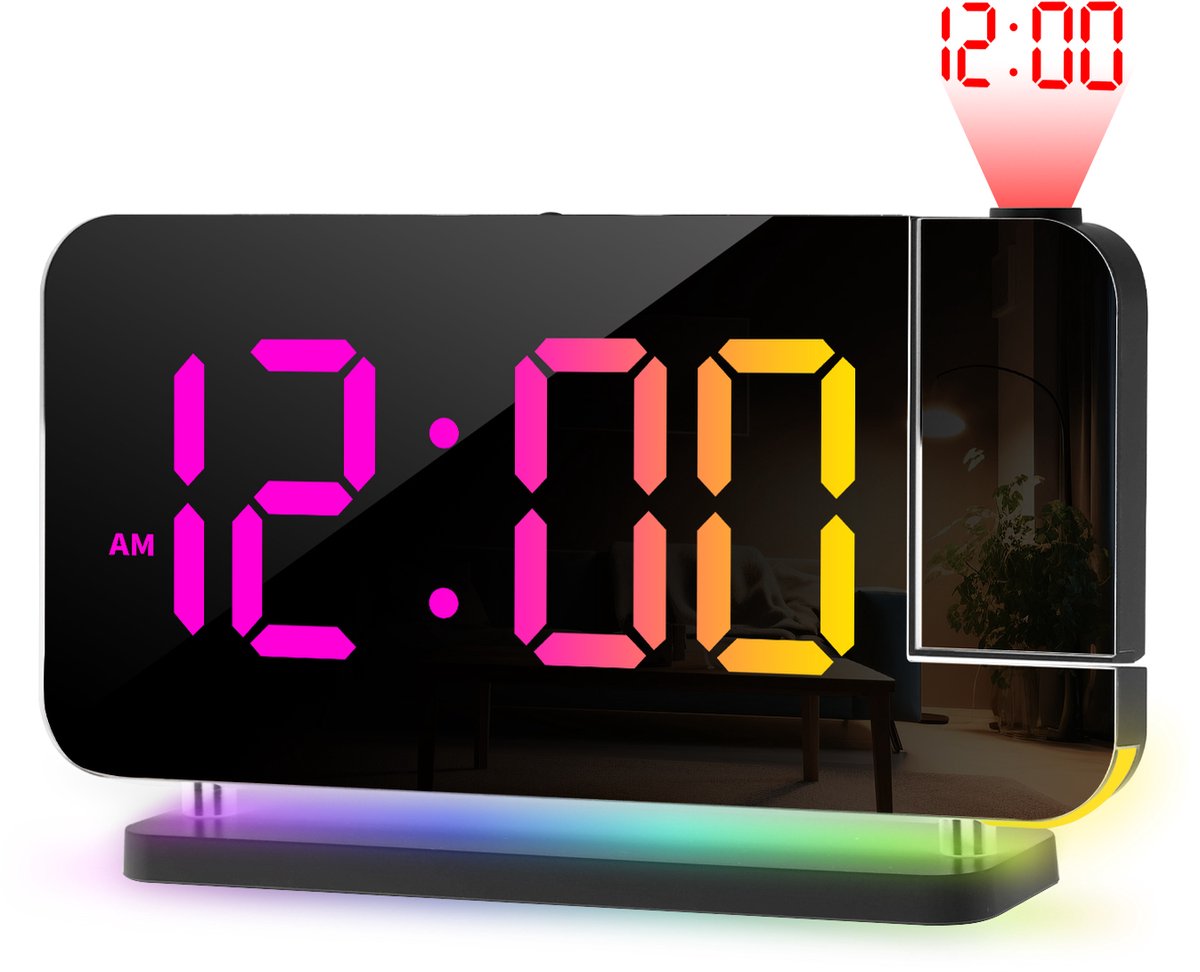 Gloovon® - Digitale Wekker - Slaapkamer - Digitale Klok - Dimbaar LED display - RGB - Met projectiefunctie - USB-gevoed - Kinderwekker - Zwart