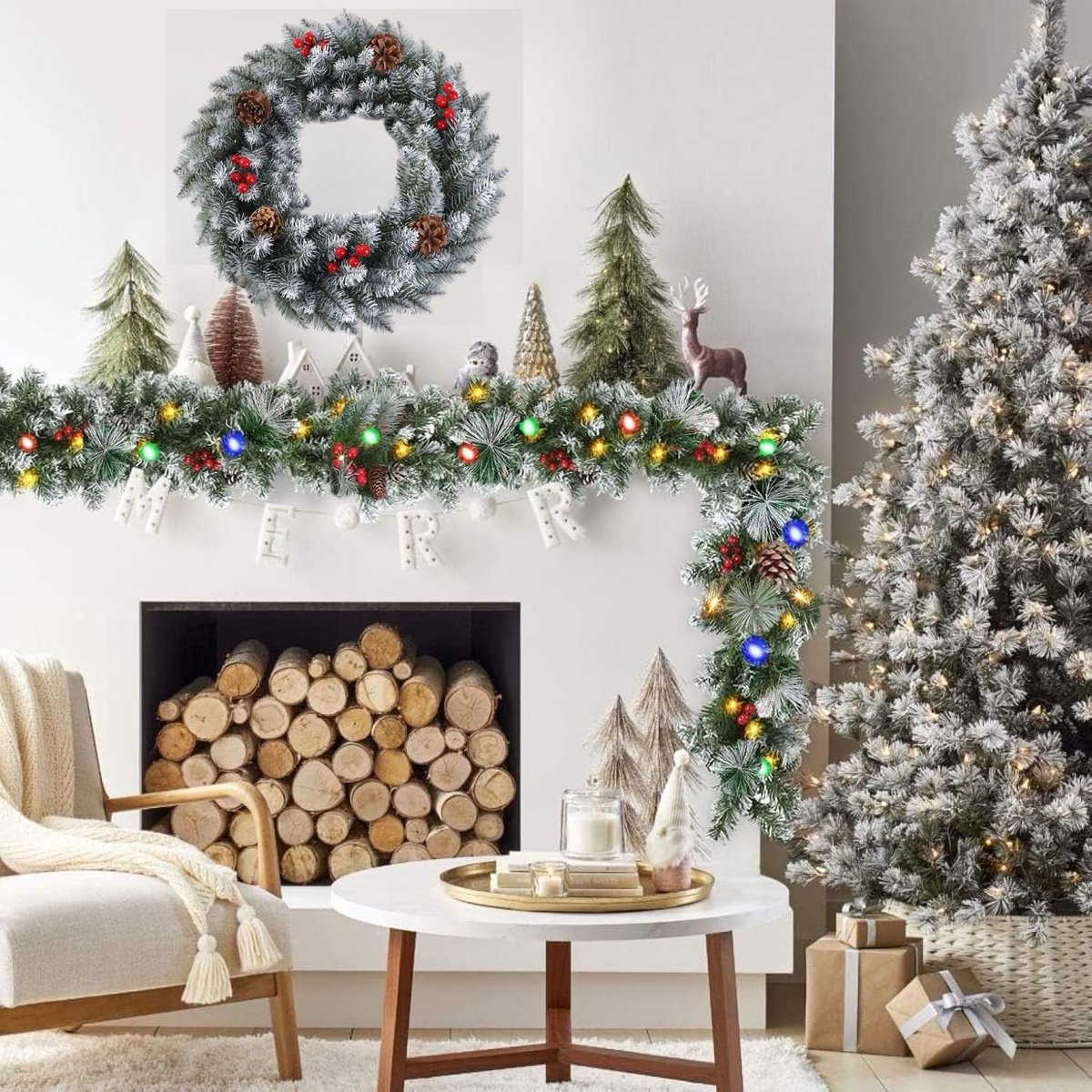 Premium Kerstkrans- met Decoraties & LED verlichting(40cm) - Met witte sneeuwceder takken - Versierd met rode bessen & dennenappels – LED verlichting met 8 standen & timerfunctie – Winter & kerstdecoratie - deurkransen kerstversiering – foto 2