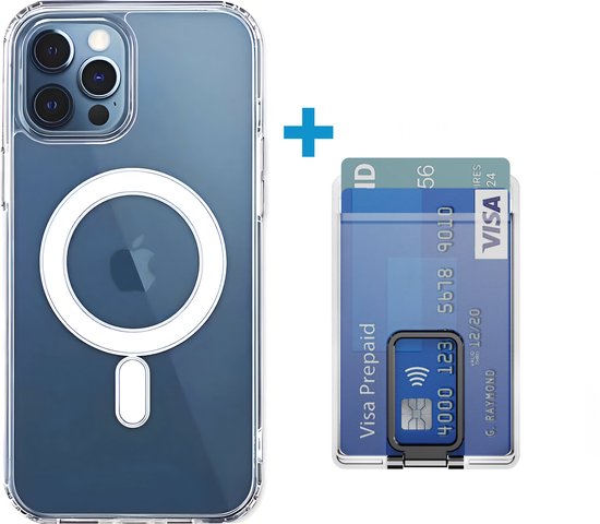 Coque transparente iPhone 14 Pro Max avec MagSafe et cercle blanc, plus un porte-cartes noir.