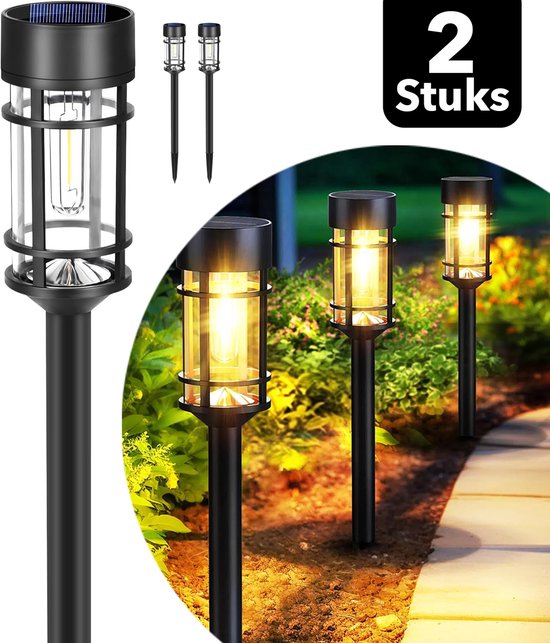 Vicon Solar Tuinverlichting op Zonne energie - 2-Pack - 12 uur Gebruikstijd - Buitenlamp - Tuinlamp - Tuinfakkels - Lantaarn voor buiten