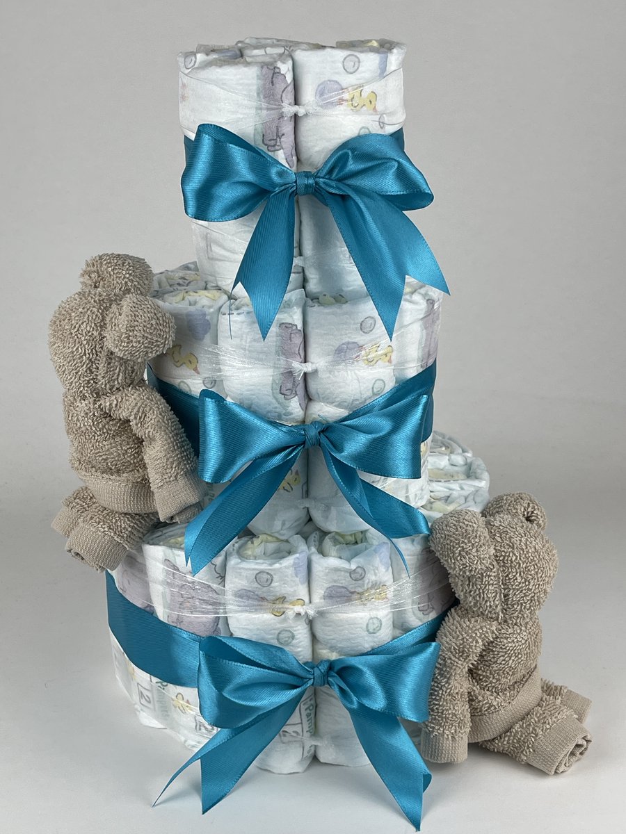 Chouette-Chouette | Luiertaart Neutraal | Kraamcadeau | Geboorte Jongen Meisje | Babyshower | Beren Cream - Petrol