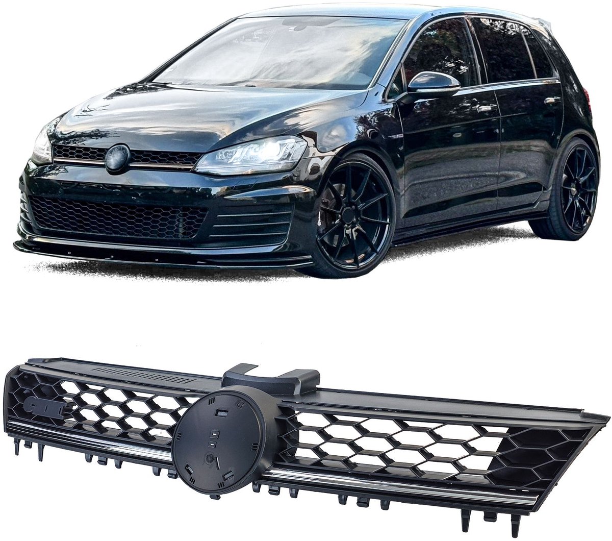 Honingraat grille Geschikt voor VW Golf 7 GTD Look (2012-2017) OEM-kwaliteit Zwart met Chromen Strip Perfecte Pasvorm
